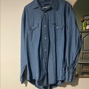 Wrangler Western Pearl Snap Light Wash Denim Long Sleeve Shirt Mens 2XL Tall